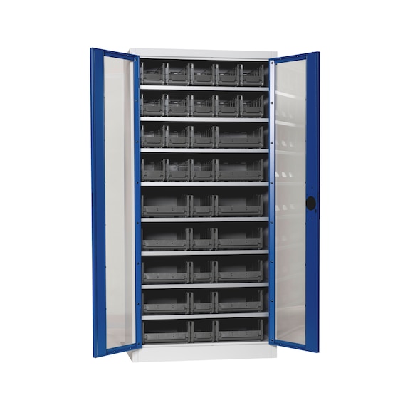 Fl&uuml;gelt&uuml;renschrank Tiefe 500 mm mit Sichtfenstert&uuml;ren und System-Lagerboxen W-SLB Gr&ouml;&szlig;e 3 und 4 - FLGTRSHRNK-SICHTF-SLB-FB520-BOX-RAL5010