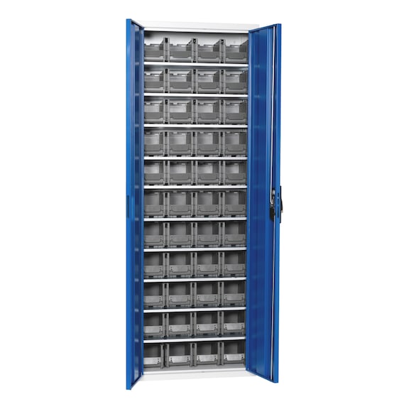 Flügeltürenschrank Tiefe 300 mm mit System-Lagerboxen W-SLB Größe 1 - FLGTRSHRNK-LGRBOX-SLB-FB315-BOX-RAL5010