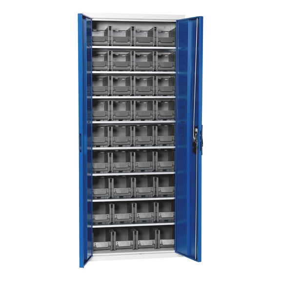 Flügeltürenschrank Tiefe 300 mm mit System-Lagerboxen W-SLB Größe 1 - FLGTRSHRNK-LGRBOX-SLB-FB311-BOX-RAL5010