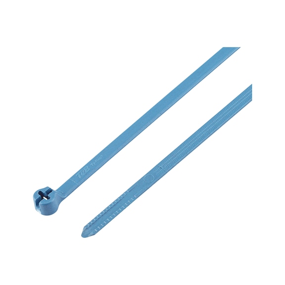 Cable tie KBL D made of polypropylene with metal tongue detectable, blue - CBLTIE-PLA-METLATCH-DETA-PP-BLUE-4,8X361