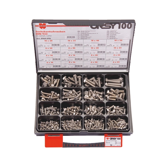 ORSY<SUP>®</SUP> hexagonal bolt with thread up to the head, assortment of 100 - SCR-HEX-SET-DIN933-A2-430PCS