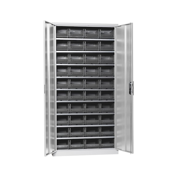 Wing door cabinet, depth 420&nbsp;mm With W-SLB system storage boxes, size 2 - WNGDRCAB-STRG-SLB-FB415-BOX-RAL7035