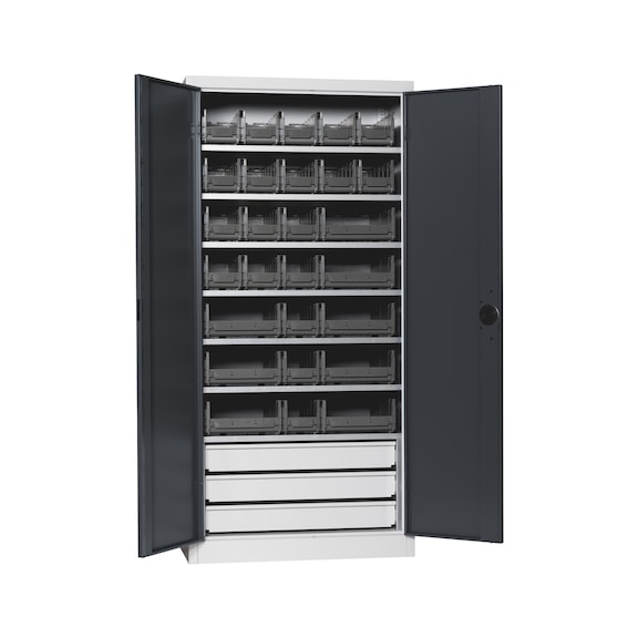 Flügeltürenschrank Tiefe 500 mm mit System-Lagerboxen W-SLB Größe 3 und 4 - FLGTRSHRNK-VOLLBL-SLB-FB522S-BOX-RAL7016