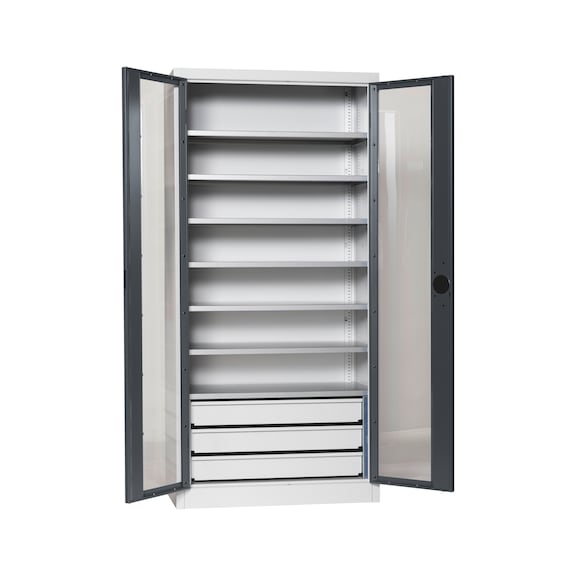 Wing door cabinet, depth 500 mm with viewing windows - WNGDRCAB-WNDW-SLB-FB520S-RAL7016