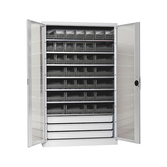 Fl&uuml;gelt&uuml;renschrank Tiefe 500 mm mit Sichtfenstert&uuml;ren und System-Lagerboxen W-SLB Gr&ouml;&szlig;e 3 und 4 - FLGTRSHRNK-SICHTF-SLB-FB521S-BOX-RAL7035