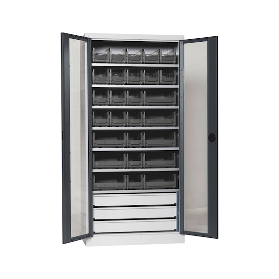 Flügeltürenschrank Tiefe 500 mm mit Sichtfenstertüren und System-Lagerboxen W-SLB Größe 3 und 4 - FLGTRSHRNK-SICHTF-SLB-FB520S-BOX-RAL7016