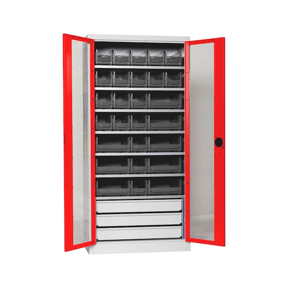 Fl&uuml;gelt&uuml;renschrank Tiefe 500 mm mit Sichtfenstert&uuml;ren und System-Lagerboxen W-SLB Gr&ouml;&szlig;e 3 und 4 - FLGTRSHRNK-SICHTF-SLB-FB520S-BOX-RAL3020