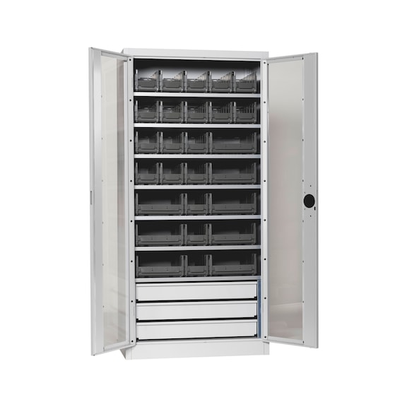 Wing door cabinet, depth 500&nbsp;mm With doors with viewing window and W-SLB system storage boxes size 3 and 4 - WNGDRCAB-WNDW-SLB-FB520S-BOX-RAL7035