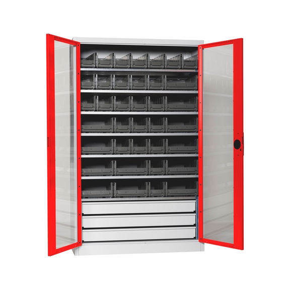 Fl&uuml;gelt&uuml;renschrank Tiefe 500 mm mit Sichtfenstert&uuml;ren und System-Lagerboxen W-SLB Gr&ouml;&szlig;e 3 und 4 - FLGTRSHRNK-SICHTF-SLB-FB521S-BOX-RAL3020