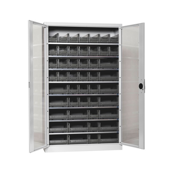 Fl&uuml;gelt&uuml;renschrank Tiefe 500 mm mit Sichtfenstert&uuml;ren und System-Lagerboxen W-SLB Gr&ouml;&szlig;e 3 und 4 - FLGTRSHRNK-SICHTF-SLB-FB521-BOX-RAL7035