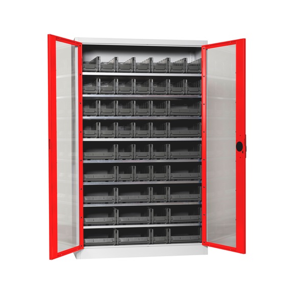 Fl&uuml;gelt&uuml;renschrank Tiefe 500 mm mit Sichtfenstert&uuml;ren und System-Lagerboxen W-SLB Gr&ouml;&szlig;e 3 und 4 - FLGTRSHRNK-SICHTF-SLB-FB521-BOX-RAL3020
