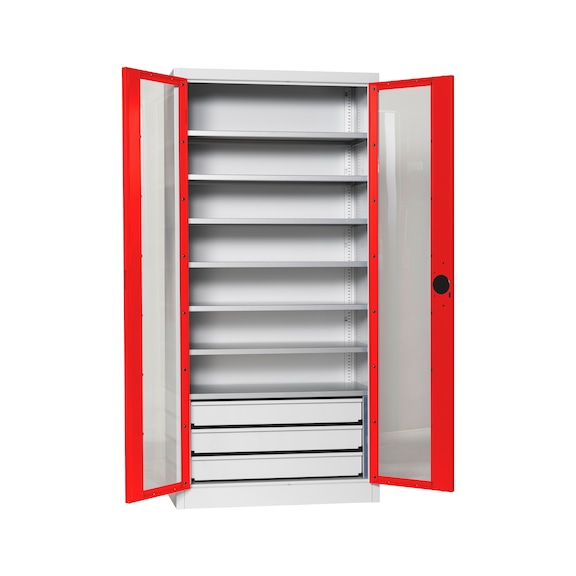 Flügeltürenschrank Tiefe 500 mm mit Sichtfenstertüren - FLGTRSHRNK-SICHTF-SLB-FB520S-RAL3020