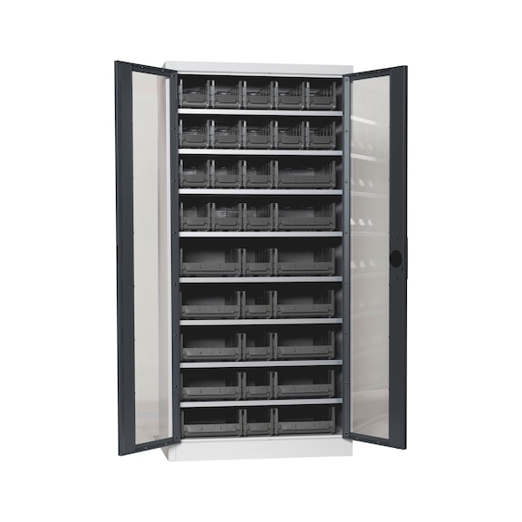 Fl&uuml;gelt&uuml;renschrank Tiefe 500 mm mit Sichtfenstert&uuml;ren und System-Lagerboxen W-SLB Gr&ouml;&szlig;e 3 und 4 - FLGTRSHRNK-SICHTF-SLB-FB520-BOX-RAL7016