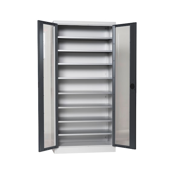 Wing door cabinet, depth 500 mm with viewing windows - WNGDRCAB-WNDW-SLB-FB520-RAL7016