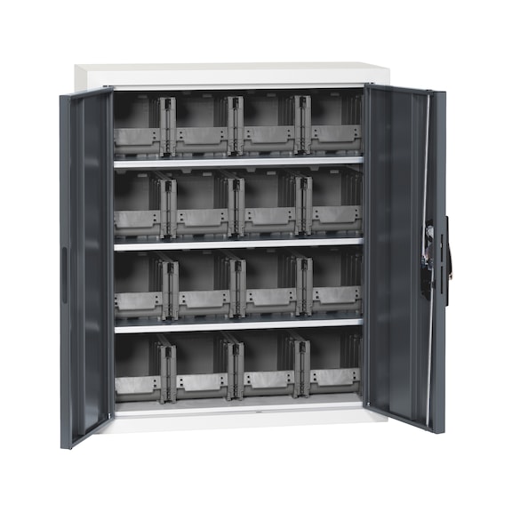 Flügeltürenschrank Tiefe 300 mm mit System-Lagerboxen W-SLB Größe 1 - FLGTRSHRNK-LGRBOX-SLB-FB306-BOX-RAL7016