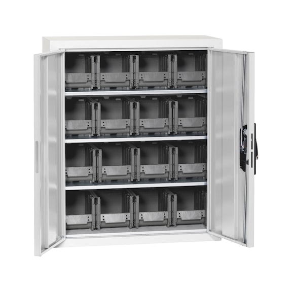 Flügeltürenschrank Tiefe 300 mm mit System-Lagerboxen W-SLB Größe 1 - FLGTRSHRNK-LGRBOX-SLB-FB306-BOX-RAL7035