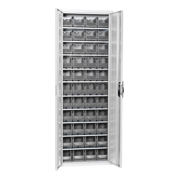 Flügeltürenschrank Tiefe 300 mm mit System-Lagerboxen W-SLB Größe 1 - FLGTRSHRNK-LGRBOX-SLB-FB315-BOX-RAL7035