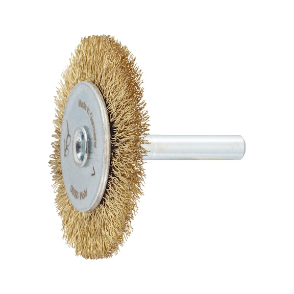 Wheel brush for bodywork Steel, brass-plated, crimped, with shaft - WHLBRSH-SHNK-PWRDRL-(BRS)-D50X3X6MM