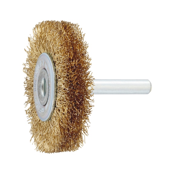 Wheel brush for bodywork Steel, brass-plated, crimped, with shaft - WHLBRSH-SHNK-PWRDRL-(BRS)-D50X11X6MM