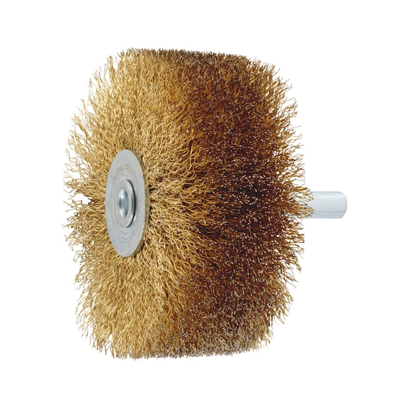 Wheel brush for bodywork Steel, brass-plated, crimped, with shaft - WHLBRSH-SHNK-PWRDRL-(BRS)-D80X35X8MM