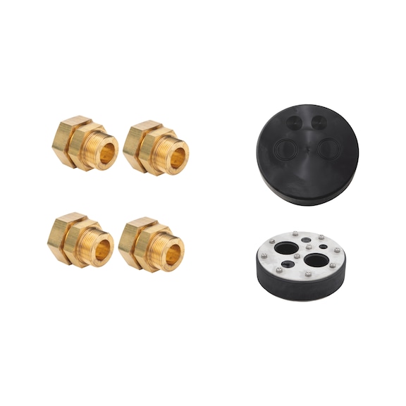 Connection set consisting of four adapter fittings, one end piece (gas-tight, radon-tight and watertight) and one rubber cap - CON-SET2-CORPIP-SST-HEATPUMP-DN32
