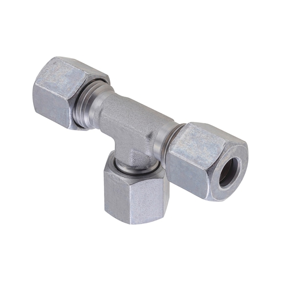 Adjustable T-shaped sealing cone fitting ISO 8434-1, zinc-nickel-plated steel, cutting ring connection with o-ring - 1