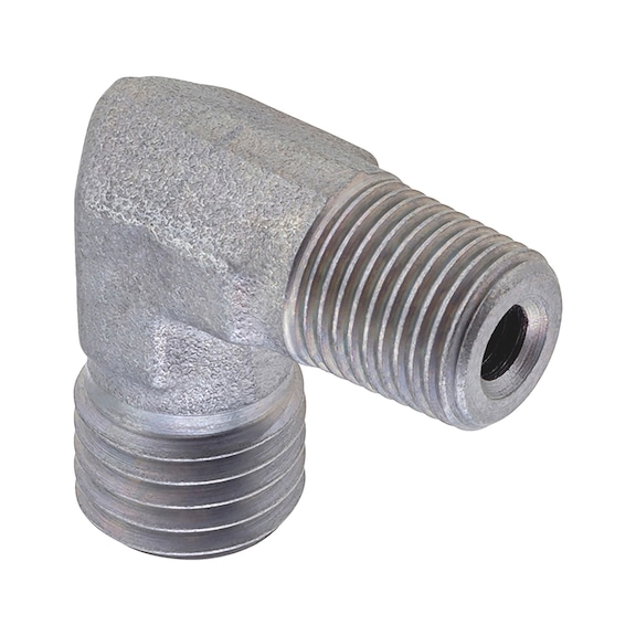 90° angled male fitting ISO 8434-1, zinc-nickel-plated steel, tapered BSPT male thread - 1