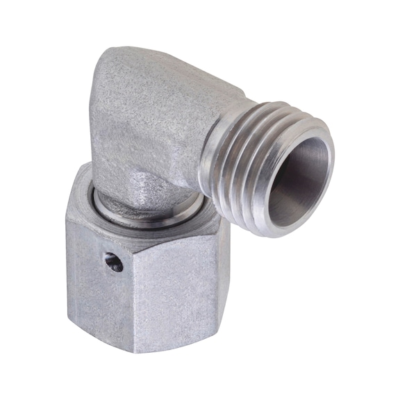 90° angled adjustable sealing cone fitting ISO 8434-1, zinc-nickel-plated steel, cutting ring connection with o-ring - 1