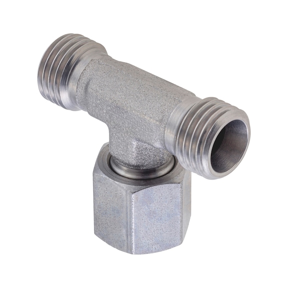 Adjustable T-shaped sealing cone fitting ISO 8434-1, zinc-nickel-plated steel, cutting ring connection with o-ring - 1