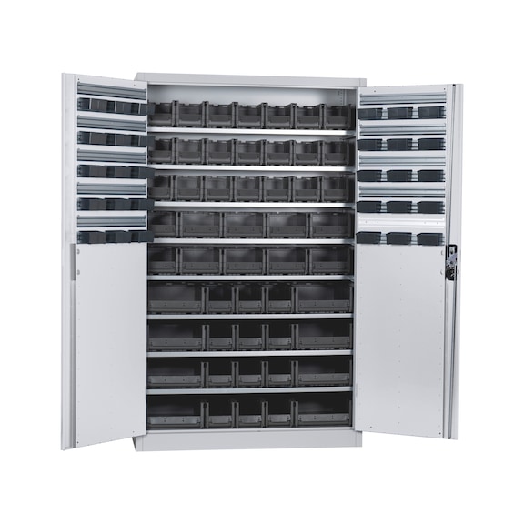 Flügeltürenschrank Tiefe 500 mm mit System-Lagerboxen W-SLB Größe 1, 2, 3 und 4 - FLGTRSHRNK-LGRBOX-SLB-FB514-BOX-RAL7035