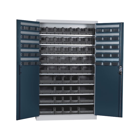 Flügeltürenschrank Tiefe 500 mm mit System-Lagerboxen W-SLB Größe 1, 2, 3 und 4 - FLGTRSHRNK-LGRBOX-SLB-FB514-BOX-RAL7016