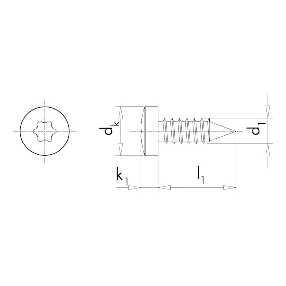 Flat head tapping screw, type C with hexagon socket ISO 14585, steel, zinc-plated, blue passivated, shape C (with tip) - SCR-PANHD-ISO14585-C-TX20-(A2K)-4,2X6,5