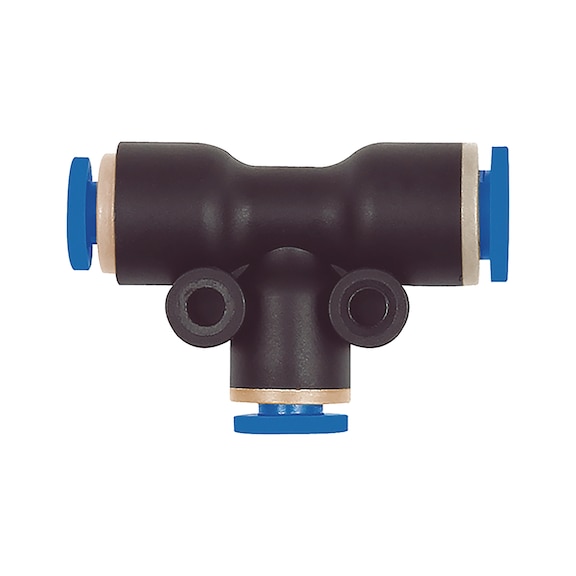 Push-in T-connector blue series, reducer connection on the side and centre - PLGCON-T-REDUC-LWR/SD-PLA-PIP-2X4/1X6