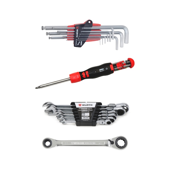 Lot outillage - tournevis à magasin, clé polygonale, clés mixtes à cliquet et clés 6 pans