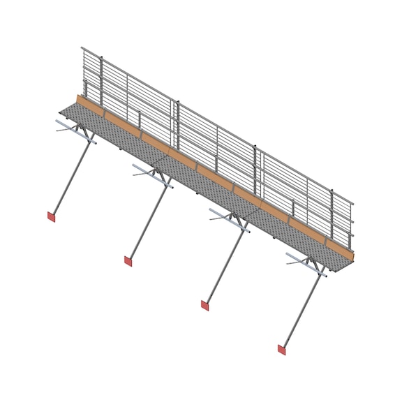 Variable pitched roof edge protection system with walkway along the eaves