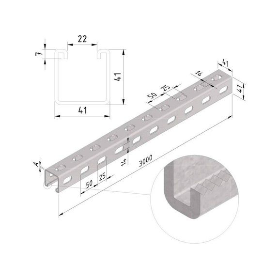 Supporting profile SP41-41-3W-25-3 Trayco - SPRTPRFL-SP41-41-3W-3-UG
