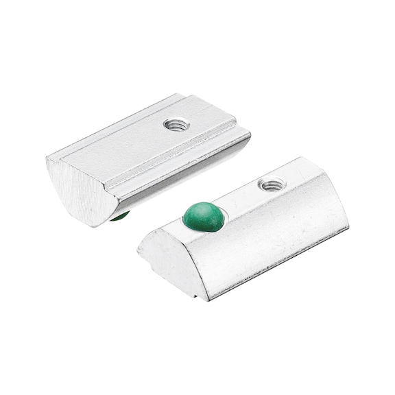 Roll-in slot nut with colour-coded steel spring ball