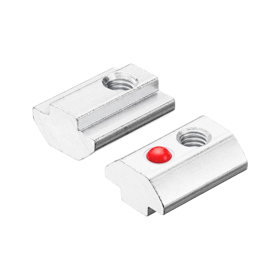 Steel slot nut with colour-coded spring ball