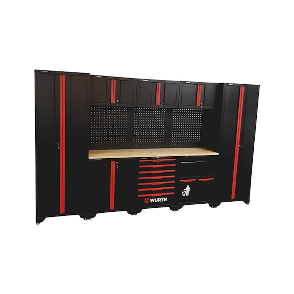 Professional Workshop Storage System with Modular Cabinets and Rubberwood Worktop - WRKSTAUSST-SET-COMPL-BLCK-16PCS