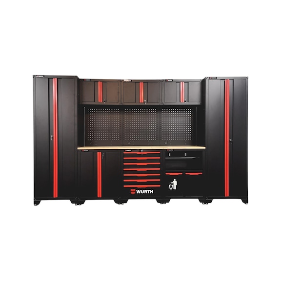 Professional Workshop Storage System with Modular Cabinets and Rubberwood Worktop - WRKSTAUSST-SET-BLACK-11PCS