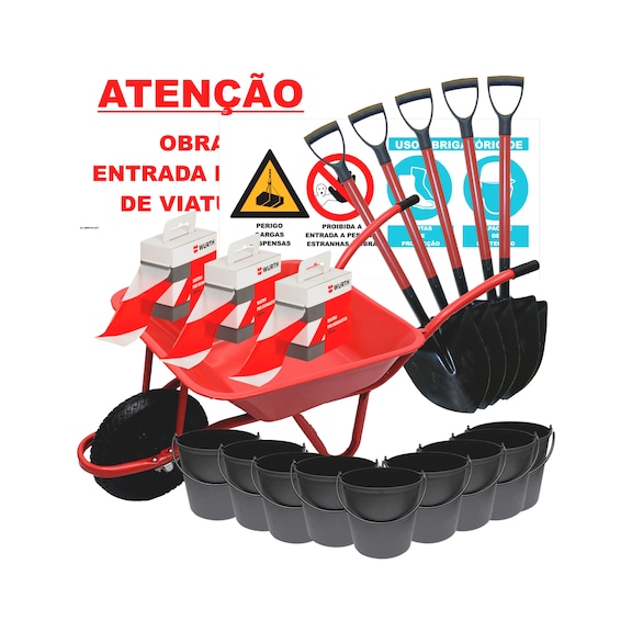 Conjunto carro de m&atilde;o, baldes, p&aacute;s, fitas delimita&ccedil;&atilde;o, placa sinaliza&ccedil;&atilde;o e placa "Aten&ccedil;&atilde;o obras"