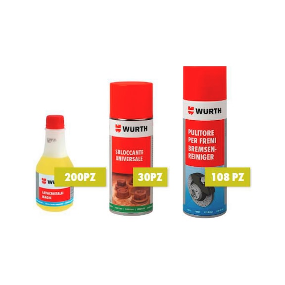 Kit speciale manutenzione lavacristalli, sbloccante, pulitore freni