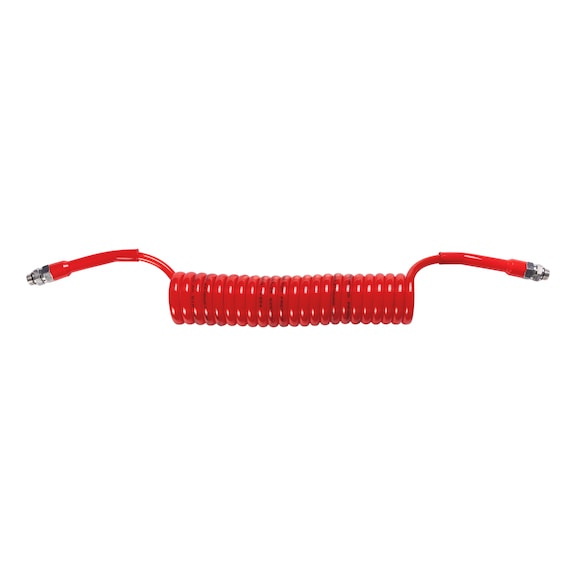 PLUS red/yellow pneumatic coiled hose made of PUR with pre-assembled short adapters/nipples M16 x 1.5