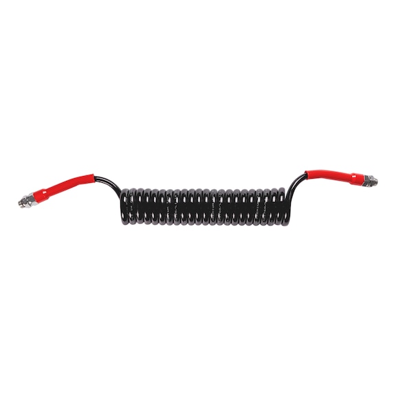 PLUS black pneumatic coiled hose made of PUR with pre-assembled short adapters/nipples M16 x 1.5