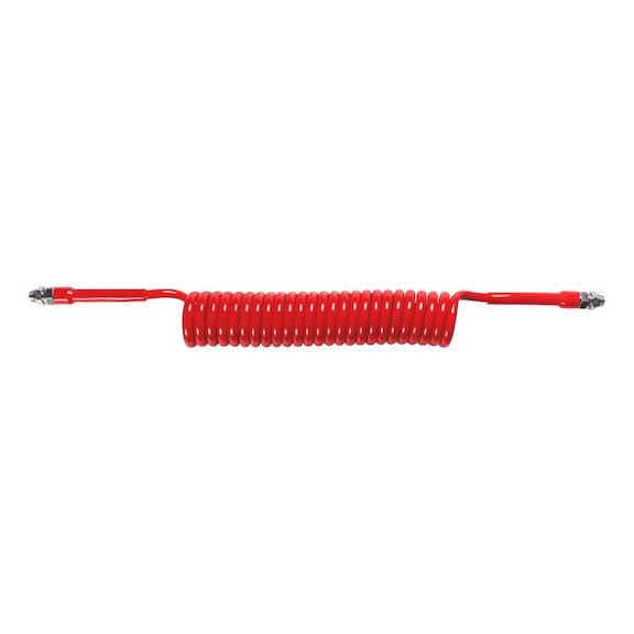 BASIC red/yellow pneumatic coiled hose made of PUR with pre-assembled short adapters/nipples M16 x 1.5