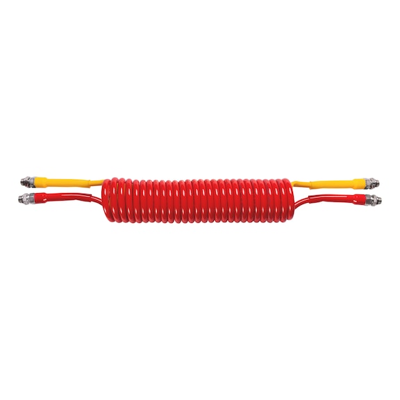 Red/yellow pneumatic coiled double hose made of PUR with pre-assembled short adapters/nipples M16 x 1.5 - 1