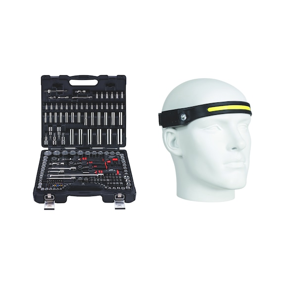 1/4 inch, 3/8 inch and 1/2 inch socket assortment with head lamp, 170 pieces - SKTWRNCH SORT 169PCS INCL HEAD LAMP