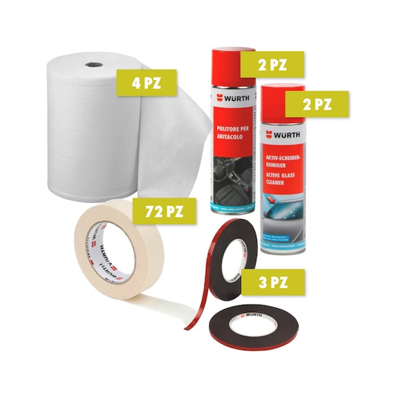 Kit nastro mascheratura, pulitore abitacolo e cristalli, nastro biadesivo e rotolo carta 