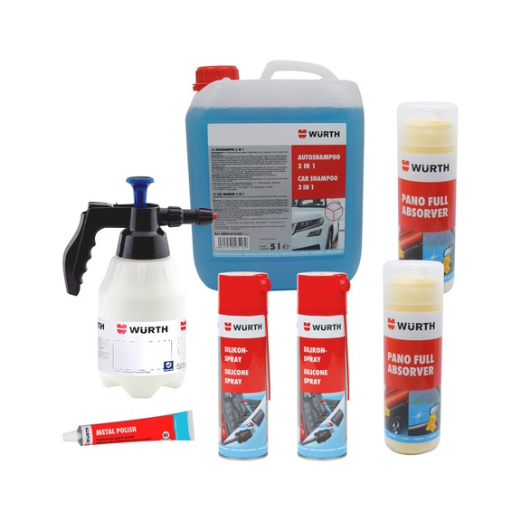 Conjunto Lavagem e Manuten&ccedil;&atilde;o de viaturas - C. SIL, SH.5L, PU.1,5L, PANO, MPOL, 7PCS