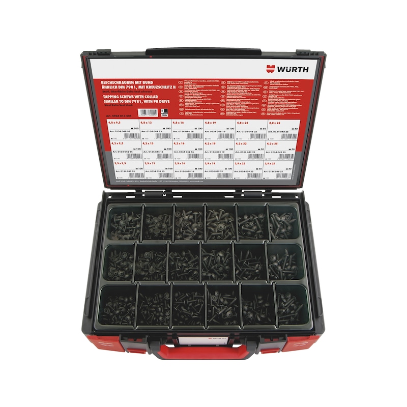 Coffret vis à tôle tête cylindrique plate + fausse rondelle Phillips